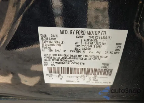 2020 Ford Police Interceptor z USA, uszkodzony, nr VIN 1FM5K8AC2LGC93575